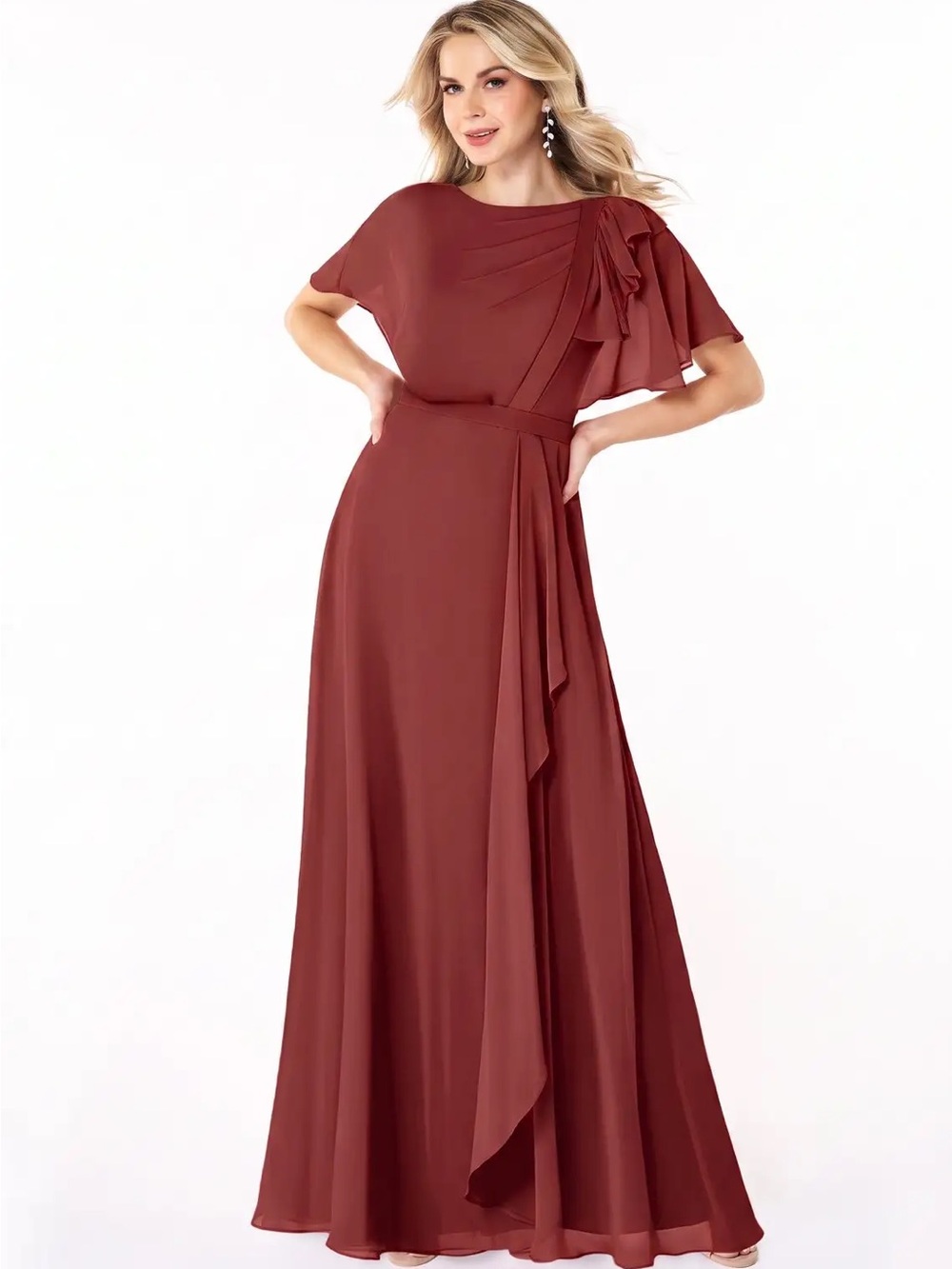 Azazie Brick Red Chiffon Gown with Draped Shoulder and Waist Tie